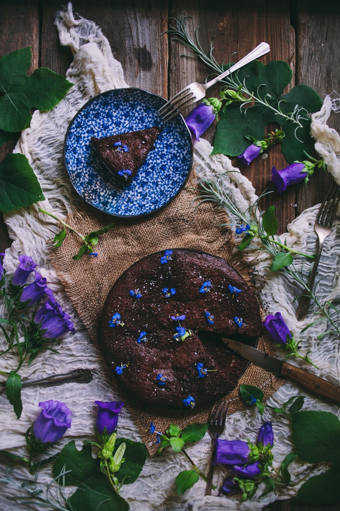 Salted Almond Chocolate Cake with Violets